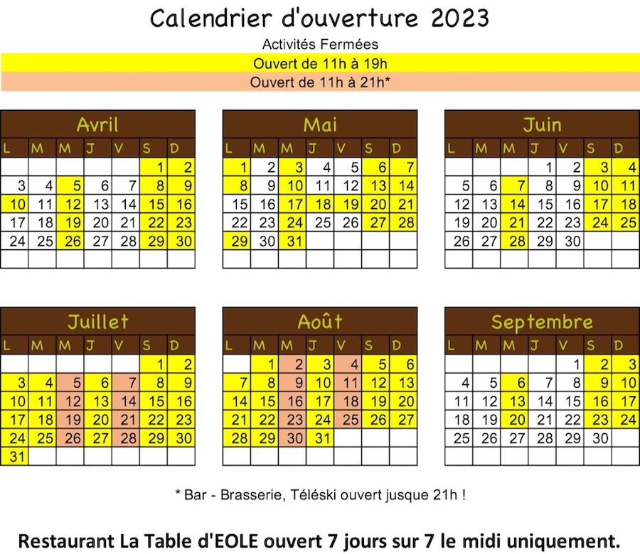 Calendrier ouverture 2023